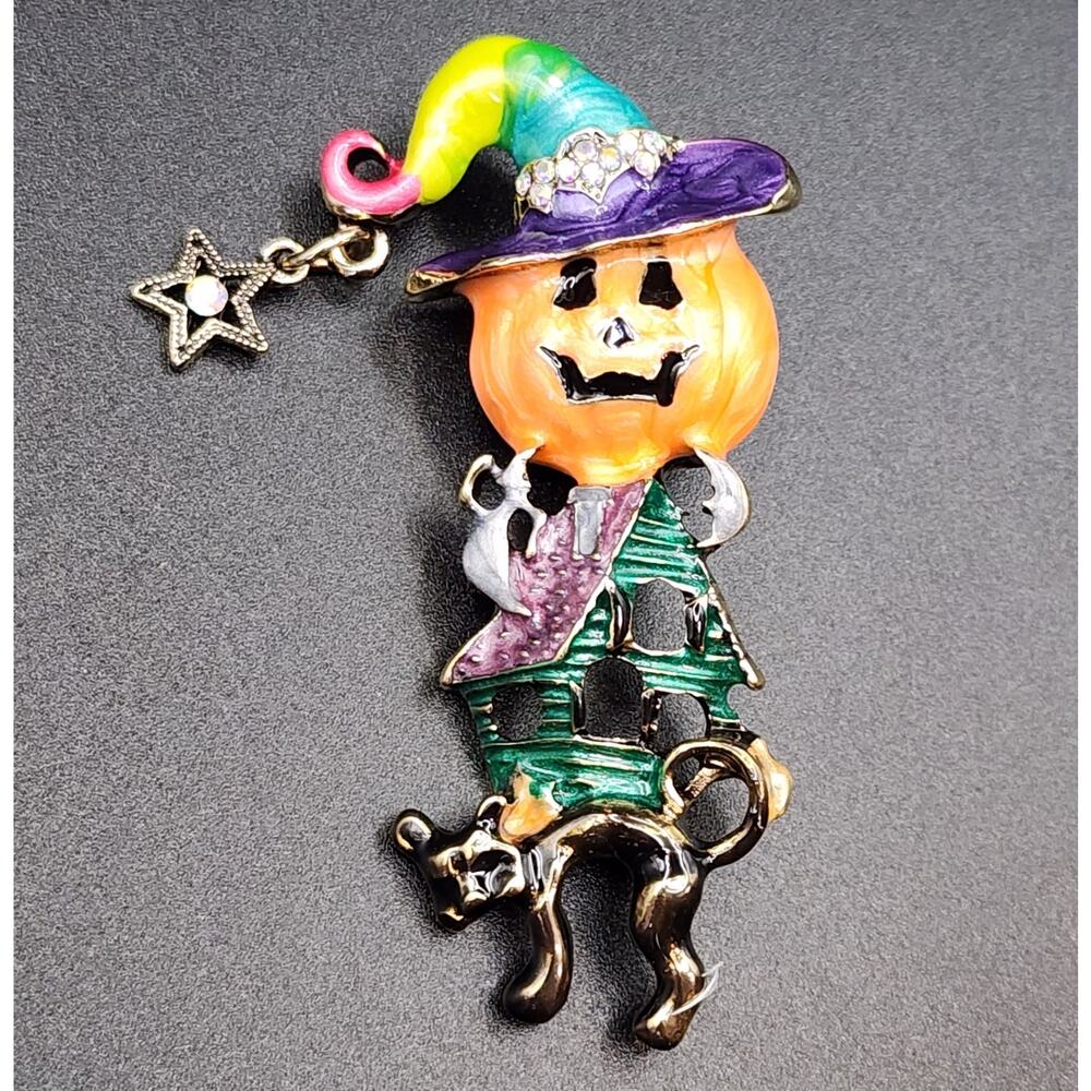 Haunted House Brooch Pumpkin Witch Hat Cat Ghosts Enamel Rhinestone